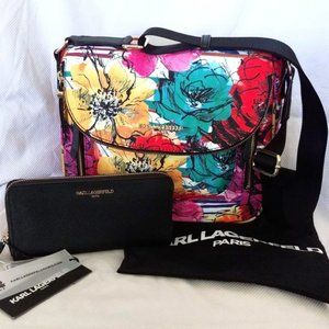 Karl Lagerfeld Double Bundle w/Cara Nylon Floral Print Messenger and Wallet NWT